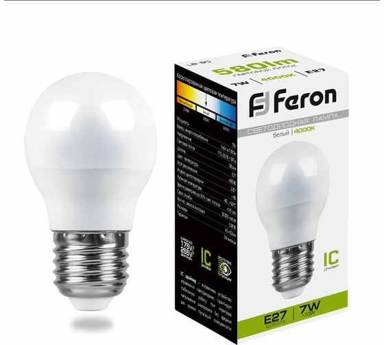 Изображение товара Светодиодная лампа - шарик E27 7W 4000K FERON LB-95 25482