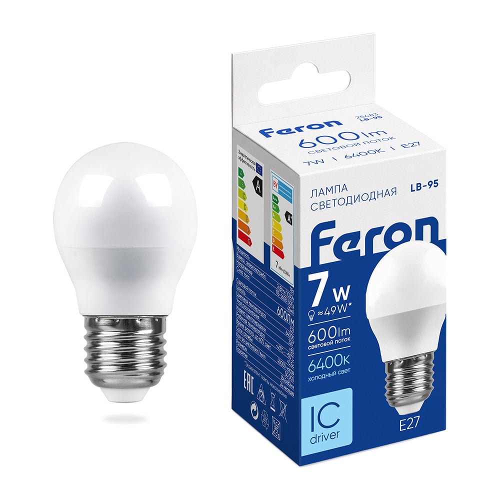 Изображение товара Светодиодная лампа - шарик E27 7W 6400K FERON LB-95 25483