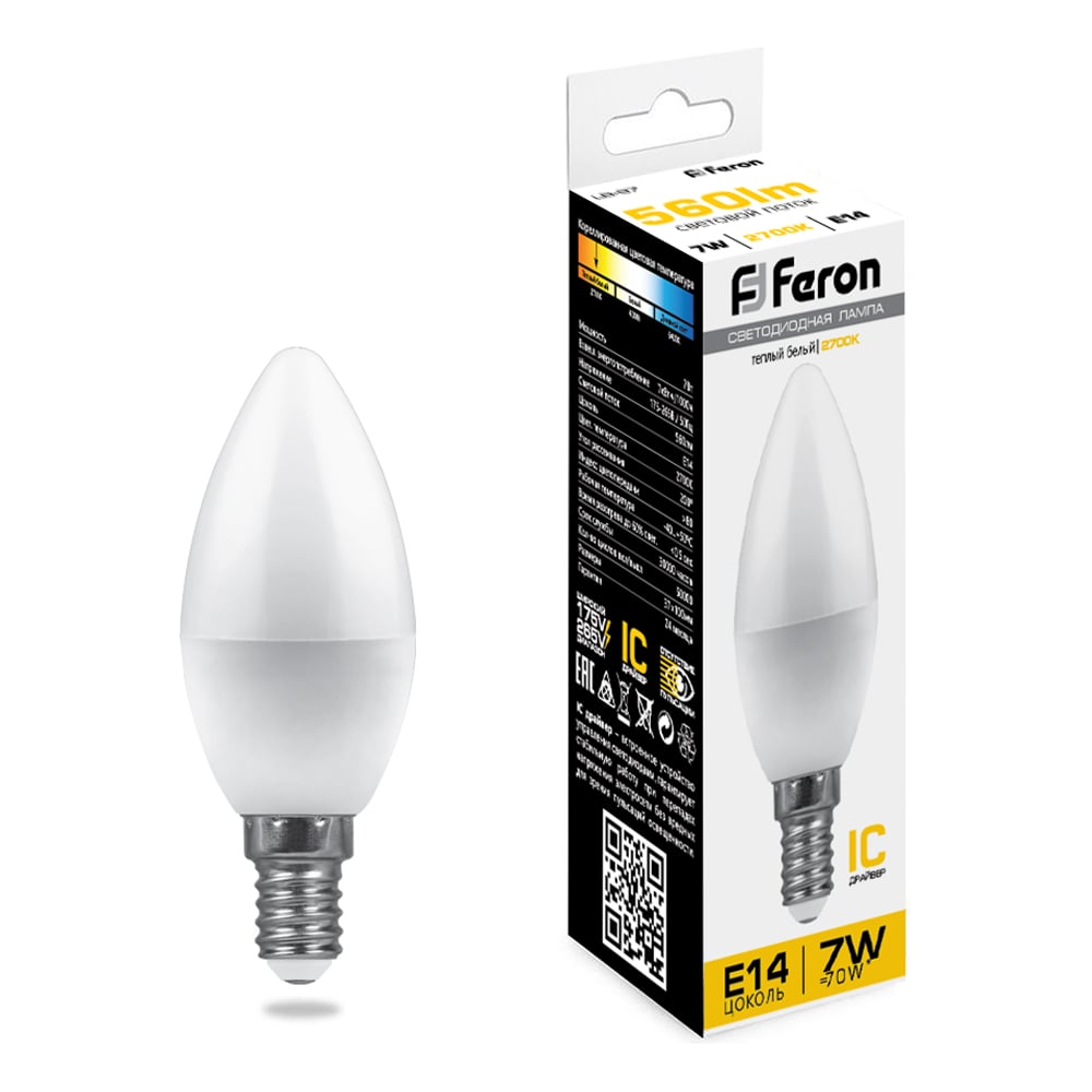 Изображение товара Светодиодная лампа свеча E14 7W 2700K FERON LB-97 для уютного освещения