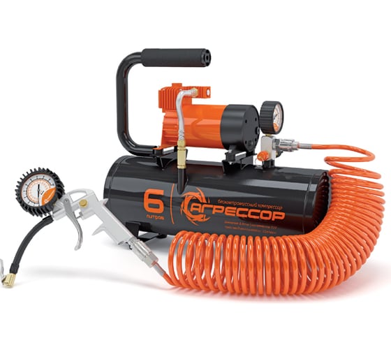 Изображение товара Металлический компрессор Агрессор ресивер 6л., 12V, 180W, шланг 10м., пистолет для накач. шин, пере одник для пневмо инстр-та, 1 2 AGR-6LT