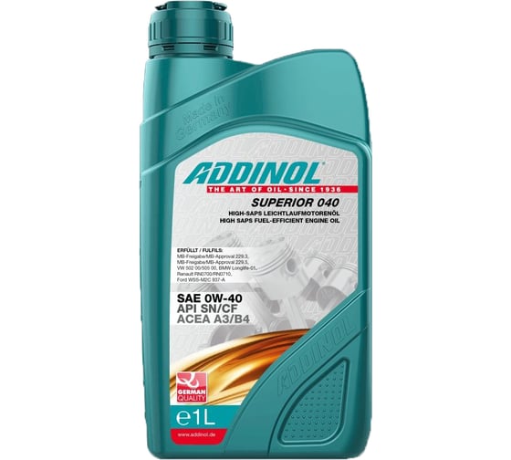 Изображение товара Моторное масло Addinol Superior 040 синтетическое, 0W-40, 1 л 72097907