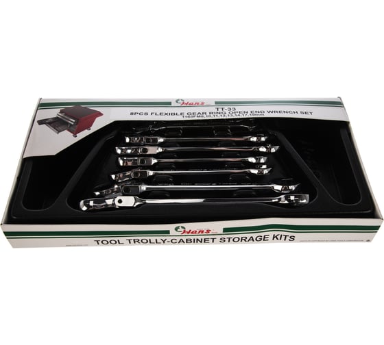 Изображение товара Набор трещоточных ключей с шарниром Hans ложемент 8 предметов TT-33