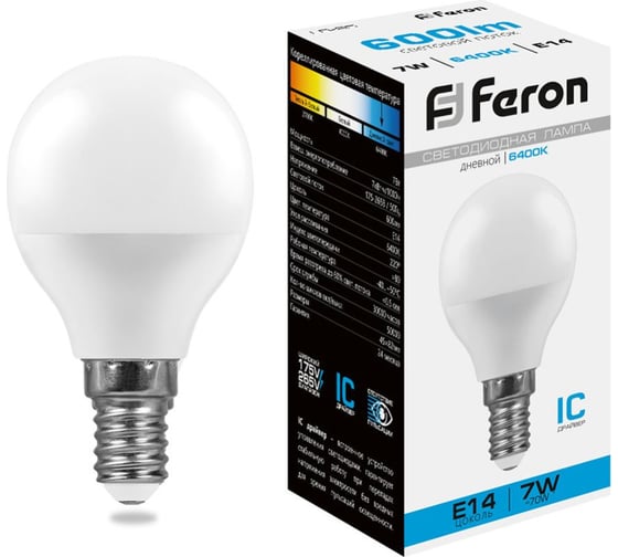 Изображение товара Светодиодная лампа Шарик E14 7W 6400K FERON LB-95 25480