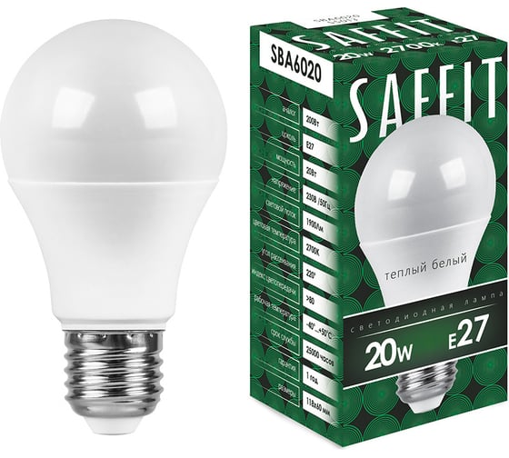 Изображение товара Светодиодная лампа SAFFIT SBA6020 Шар E27 20W 2700K 55013