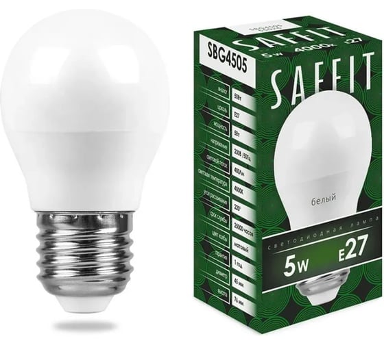 Изображение товара Светодиодная лампа SAFFIT SBG4505 Шарик E27 5W 4000K 55026