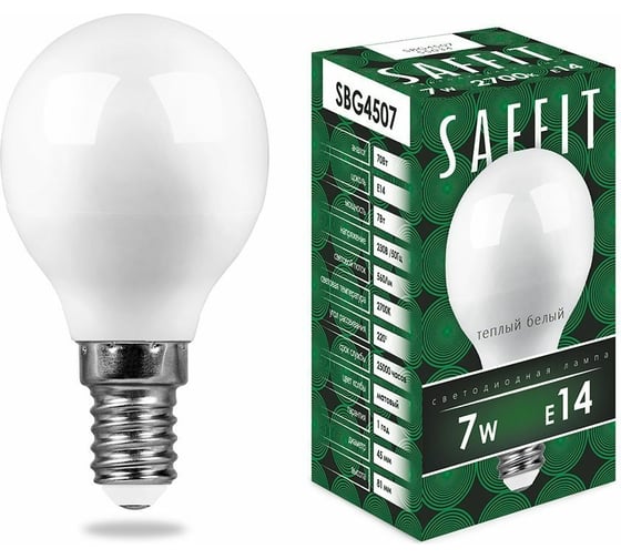 Изображение товара Светодиодная лампа SAFFIT SBG4507 Шарик E14 7W 2700K 55034