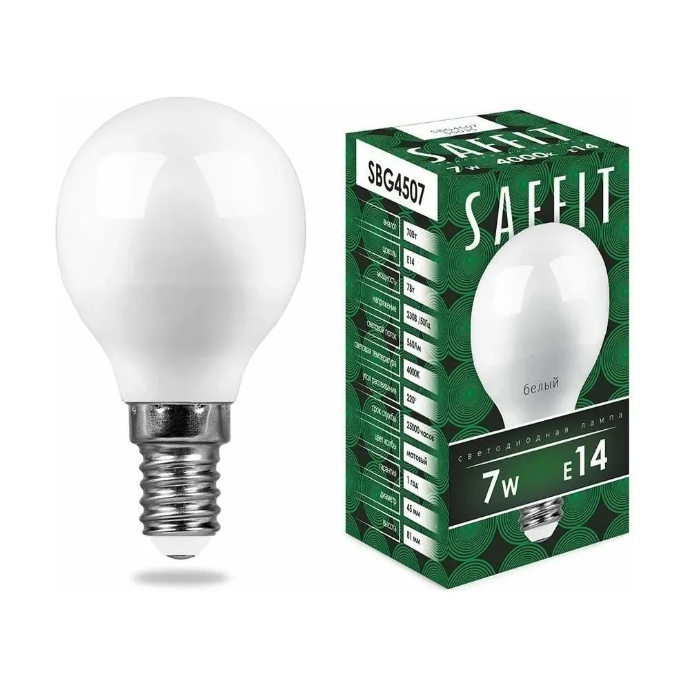 Изображение товара Светодиодная лампа SAFFIT SBG4507 Шарик E14 7W 4000K для общего освещения