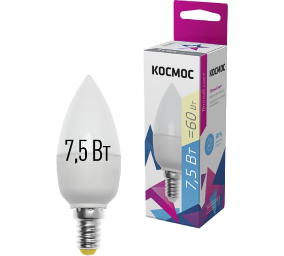 Изображение товара Светодиодная лампа КОСМОС LED 7.5Вт Свеча 220В E14 3000К 417249 LkecLED7.5wCNE1430