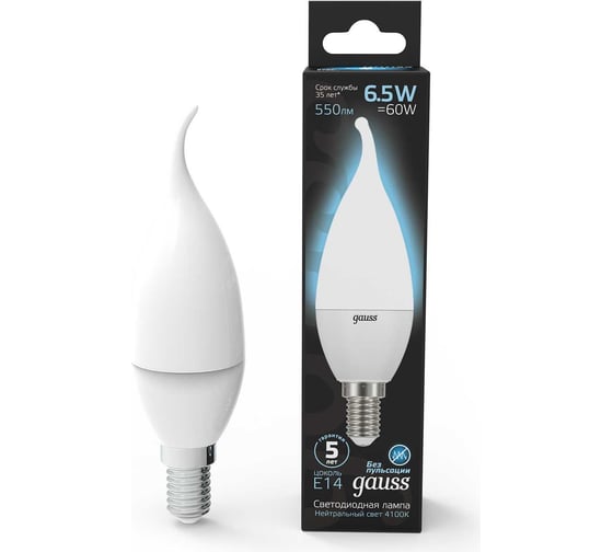 Изображение товара Лампа Gauss LED Candle tailed E14 6.5W 4100K SQ 104101207