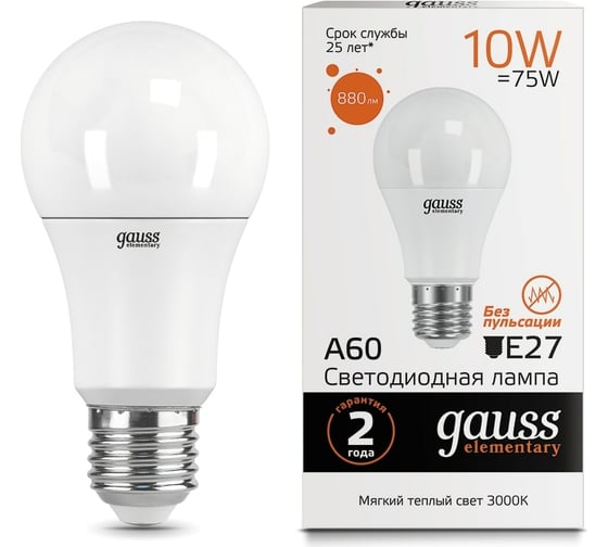 Изображение товара Светодиодная лампа Gauss Elementary A60 10W 880lm 3000K Е27 LED 1/10/50 23210