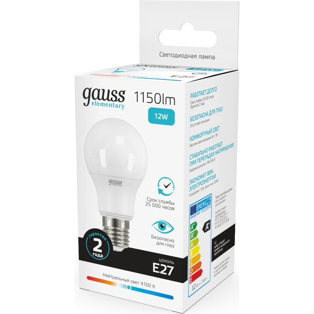 Изображение товара Лампа LED Gauss Elementary A60 12W E27 4100K 1150лм натуральный белый