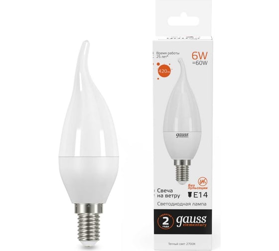 Изображение товара Лампа Gauss LED Elementary Candle Tailed 6W E14 2700K SQ 34116