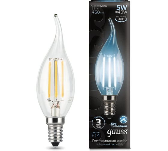 Изображение товара Лампа Gauss LED Filament Candle tailed E14 5W 4100K SQ 104801205