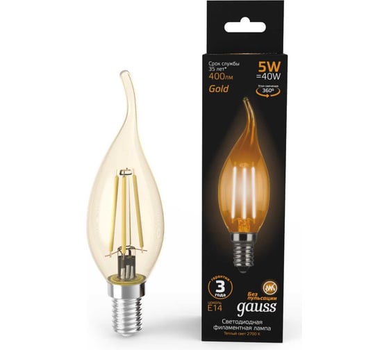 Изображение товара Лампа Gauss LED Filament Candle tailed E14 5W 2700K Golden SQ 104801005