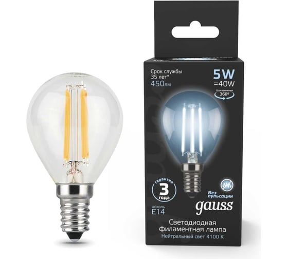 Изображение товара Лампа Gauss LED Filament Globe E14 5W 4100K SQ 105801205