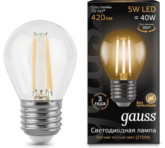 Изображение товара Лампа LED Gauss Filament Globe E27 5W 2700K 105802105