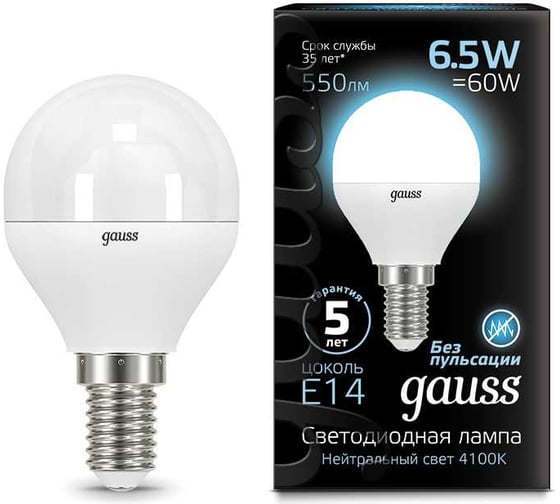 Изображение товара Лампа Gauss LED Globe E14 6.5W 100-240V 4100K SQ 105101207