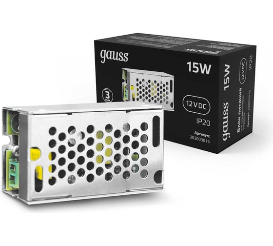 Изображение товара Блок питания для светодиодной ленты Gauss 15W 12V IP20 (драйвер) 202003015