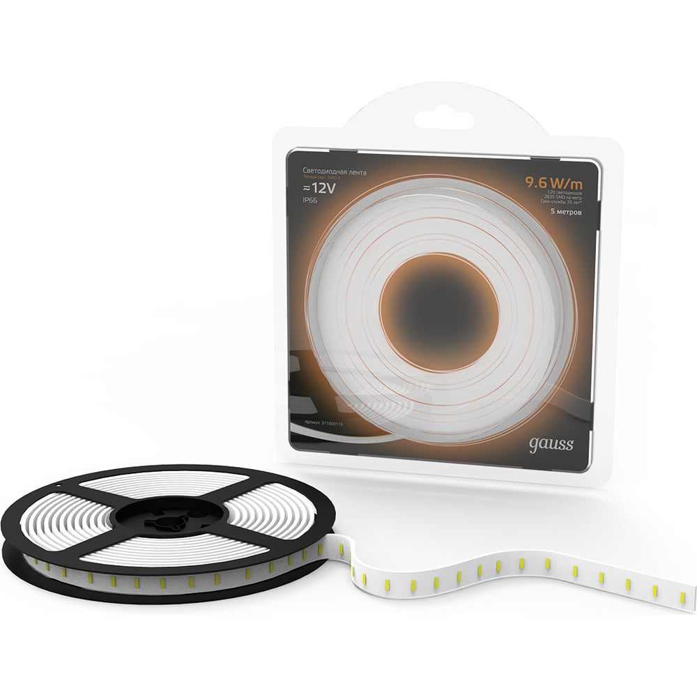 Изображение товара Лента Gauss LED 2835 120 светодиодов 9.6W 12V IP66 теплый белый 5 м