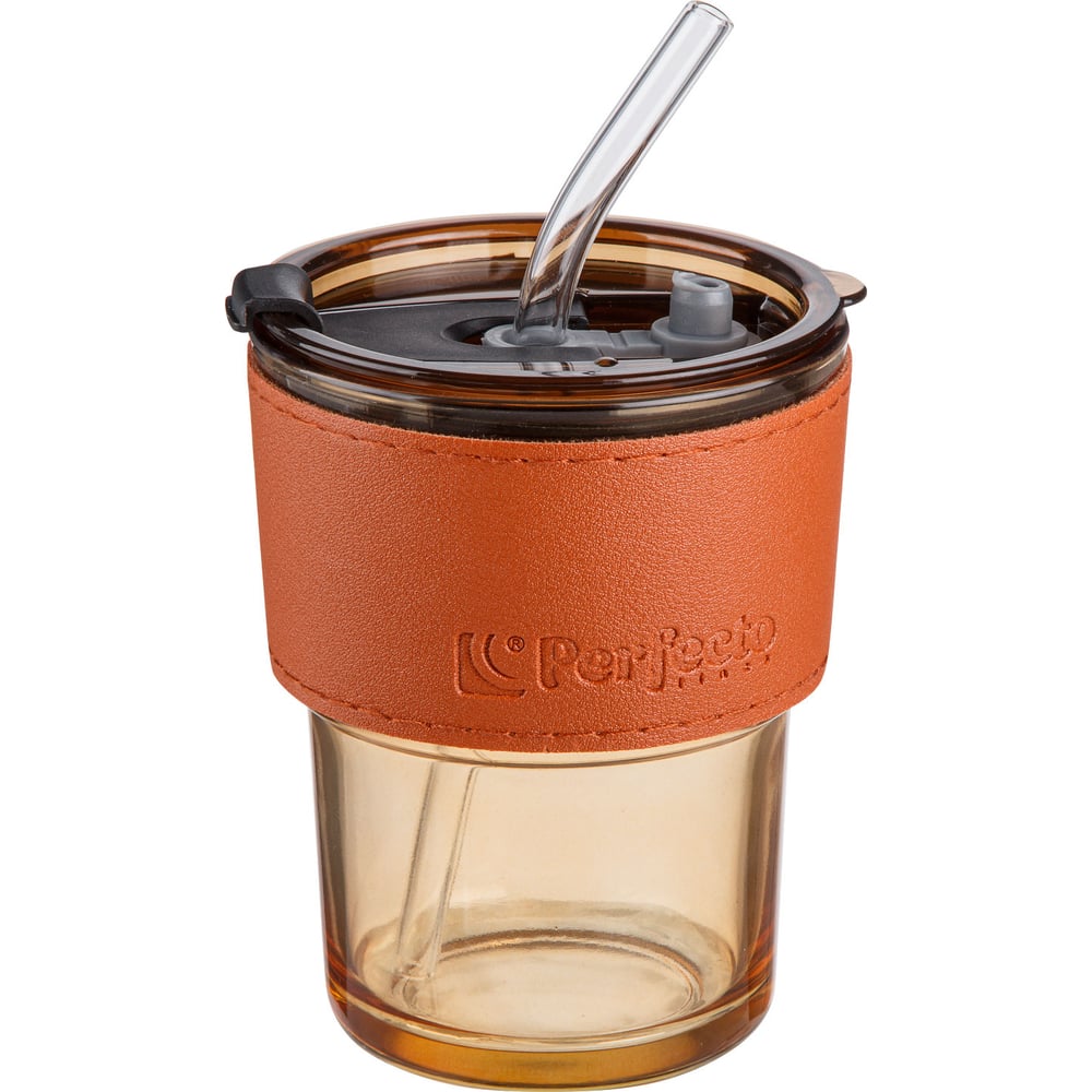 Изображение товара Стеклянный стакан с трубочкой и капхолдером PERFECTO LINEA 400 мл янтарный