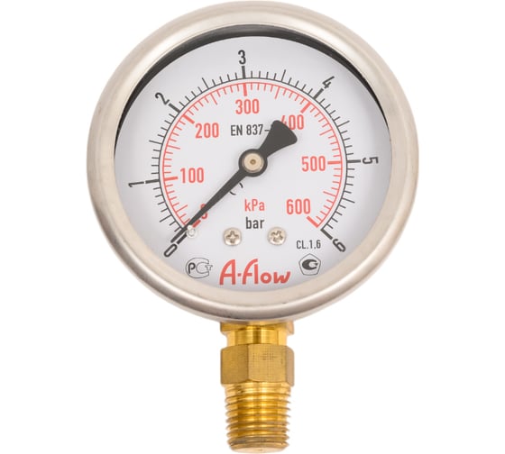 Изображение товара Манометр от 0 до 6 бар из нержавеющей стали, D63 мм, NPT 1/4", штуцер снизу A-Flow G20-S-4N-63A-6bar