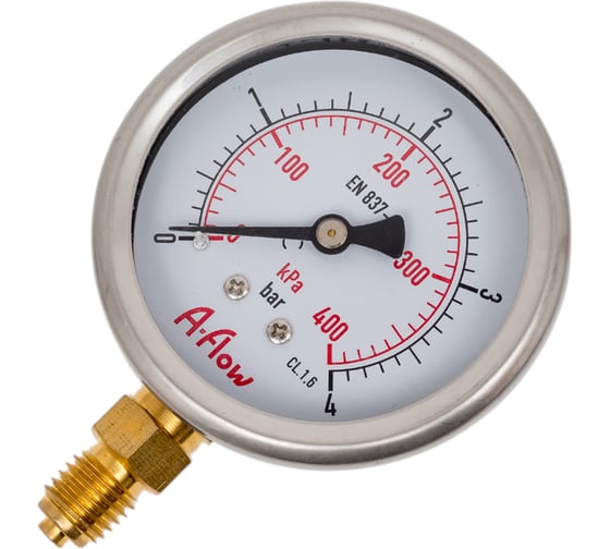 Изображение товара Манометр от 0 до 4 бар из нержавеющей стали, D63 мм, M12x1.5, штуцер снизу A-Flow G20-S-12M-63A-4bar