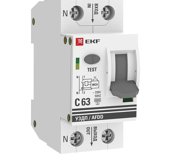 Изображение товара Устройство защиты от дугового пробоя EKF (уздп) с автоматическим выключателем 1p+n 63а (c) 6ка proxima afdd-2-63C-pro