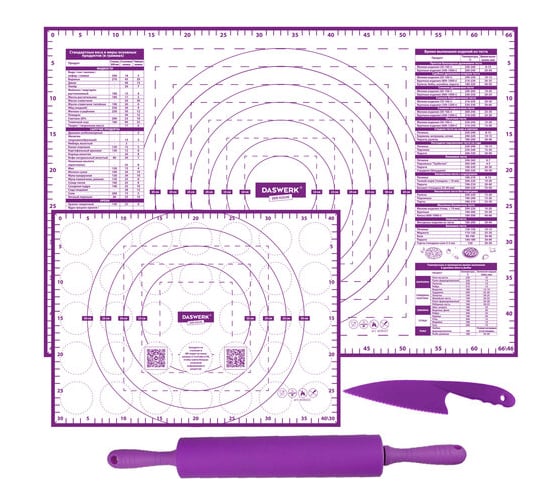 Изображение товара Силиконовый коврик для выпечки DASWERK 4 в 1: коврики 30x40 см/46x66 см, нож 24 см, скалка 608429
