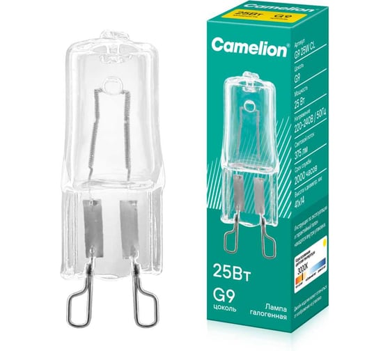 Изображение товара Эл.лампа галоген.без рефлектора G9 25W 220V прозрачная, 2000 часов Camelion 5845