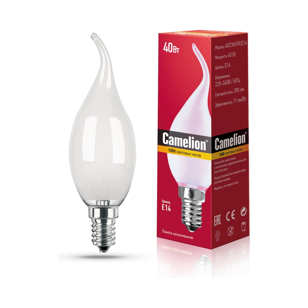 Изображение товара Лампа накаливания с матовой колбой свеча на ветру 60 Вт E14 Camelion MIC 11279
