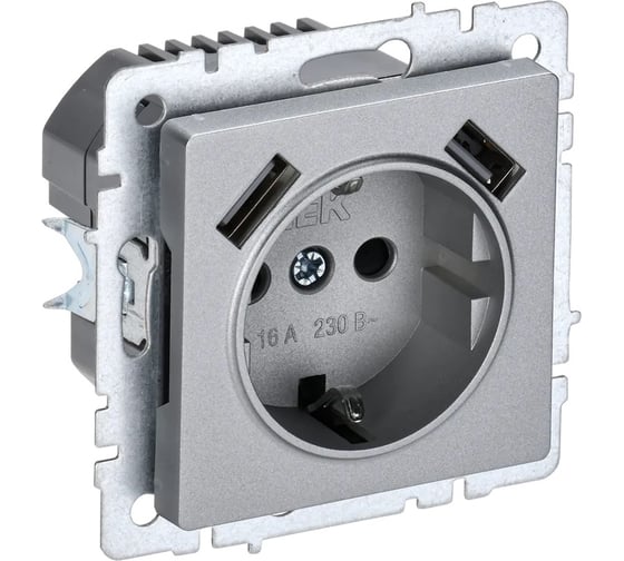 Изображение товара 1-местная розетка IEK Brite с заземлением с защитными шторками 16а с usb a+a 5в 2,1а рюш10-1-бра алюминий BR-R14-16-U21-D21-K47