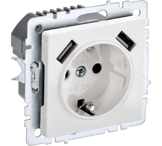 Изображение товара 1-местная розетка IEK Brite с заземлением с защитными шторками 16а с usb a+a 5в 2,1а рюш10-1-брб белый BR-R14-16-U21-D21-K01