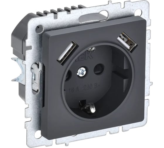 Изображение товара 1-местная розетка IEK Brite с заземлением с защитными шторками 16а с usb a+a 5в 2,1а рюш10-1-брг графит BR-R14-16-U21-D21-K53