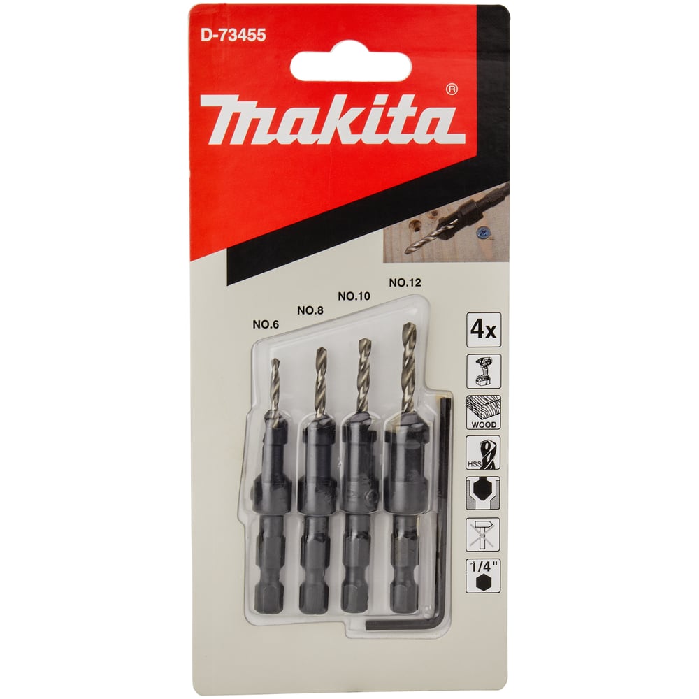 Изображение товара Набор сверл по дереву с зенкерами Makita D-73455 4 шт 1/4 дюйма