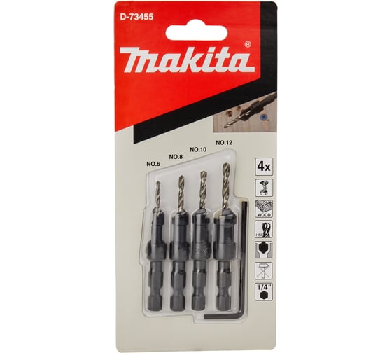 Изображение товара Набор сверл по дереву с зенкерами (4 шт.; 1/4") Makita D-73455