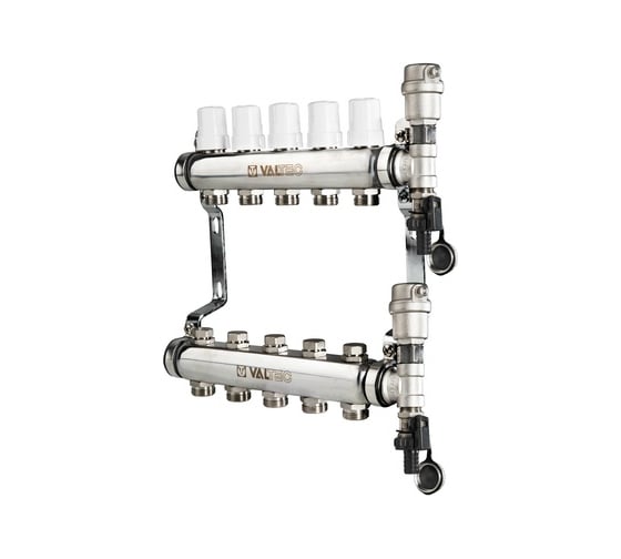 Изображение товара Коллекторная группа из нержавеющей стали с термостатическими клапанами в сборе, 1х3 вых. Евроконус 3/4 Valtec VTc.588.EMNX.0603