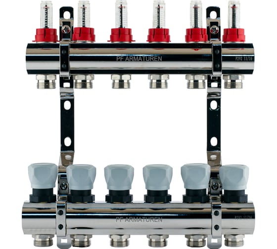 Изображение товара Коллекторная группа PROFACTOR латунь, с расходомерами 1х6 вых 3/4 ЕК PF MB 800.6