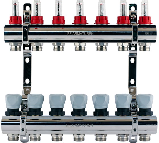 Изображение товара Коллекторная группа PROFACTOR латунь, с расходомерами 1х7 вых 3/4 ЕК PF MB 800.7