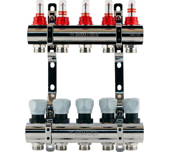 Изображение товара Коллекторная группа PROFACTOR латунь, с расходомерами 1х5 вых 3/4 ЕК PF MB 800.5
