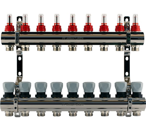 Изображение товара Коллекторная группа PROFACTOR латунь, с расходомерами 1х9 вых 3/4 ЕК PF MB 800.9