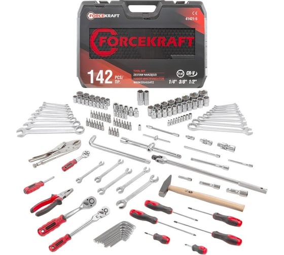 Изображение товара Набор инструментов Forcekraf 1/4'', 3/8'', 1/2'' 6 гранные, 142 предмета FK-41421-5(54623)