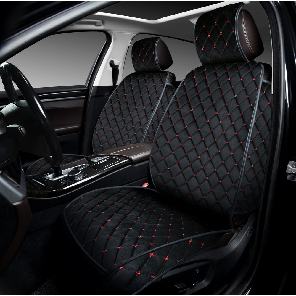 Изображение товара Накидка сиденья SKYWAY вельвет двухпредметный комплект черный красная строчка