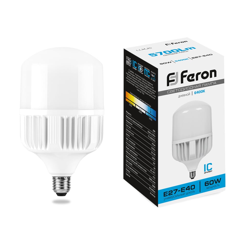 Изображение товара Светодиодная лампа 60W 230V E40 6400K Feron LB-65 25782