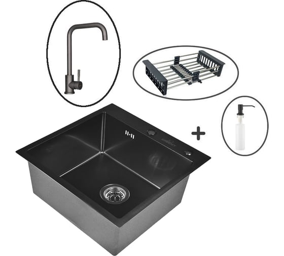 Изображение товара Комплект мойка для кухни из нержавеющей стали WISENT с pvd покрытием с раздвижным коландером, дозатором и смесителем wg5050b (50x50см) /WGER010 WGS35050B/WGER019B/W405B/W302644B/W4998-4-U