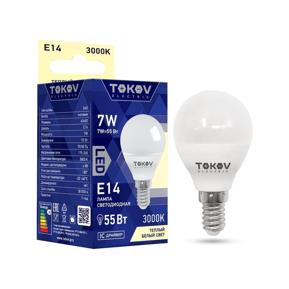 Изображение товара Светодиодная лампа TOKOV ELECTRIC 7вт g45 3000к е14 176-264в TKE-G45-E14-7-3K