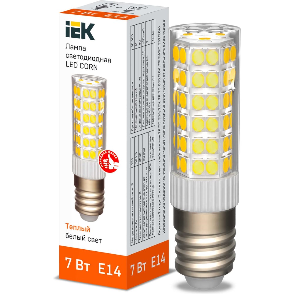 Светодиодная лампа IEK corn капсула 7вт 230в 3000к керамика e14 LLE-CORN-7-230-30-E14