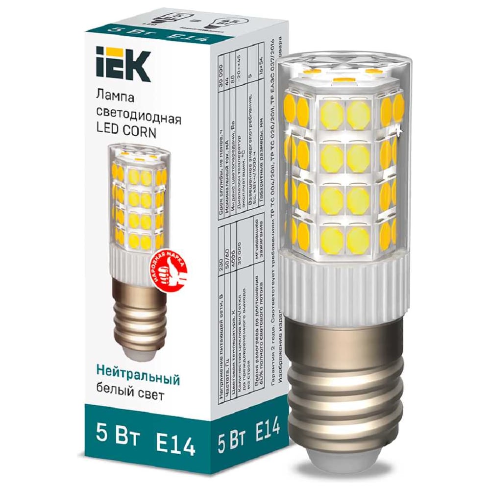 Светодиодная лампа IEK corn капсула 5вт 230в 4000к керамика e14 LLE-CORN-5-230-40-E14