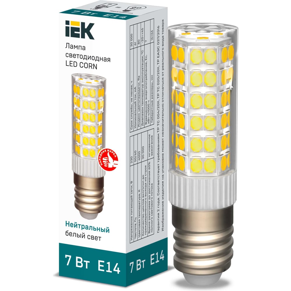 Светодиодная лампа IEK corn капсула 7вт 230в 4000к керамика e14 LLE-CORN-7-230-40-E14