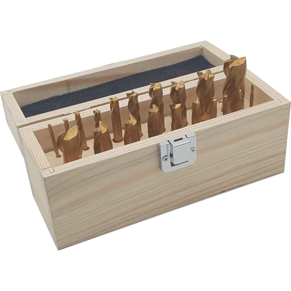 Изображение товара Комплект фрез HSS с покрытием TiN 20 шт спиральные 4-х и 2-х зубые