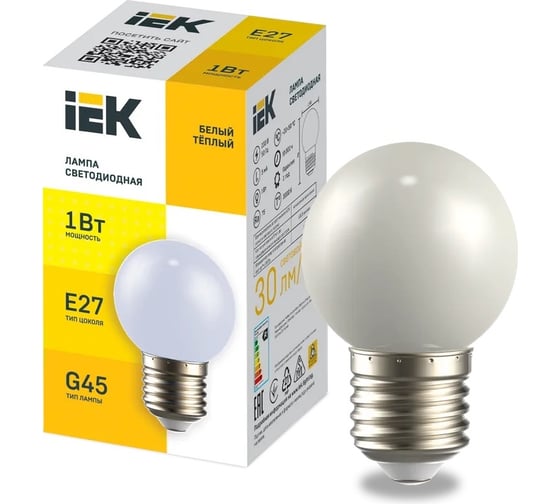 Изображение товара Светодиодная декоративная лампа IEK Lighting g45 шар 1вт 230в теплый белый e27 LLE-G45-1-230-WW-E27